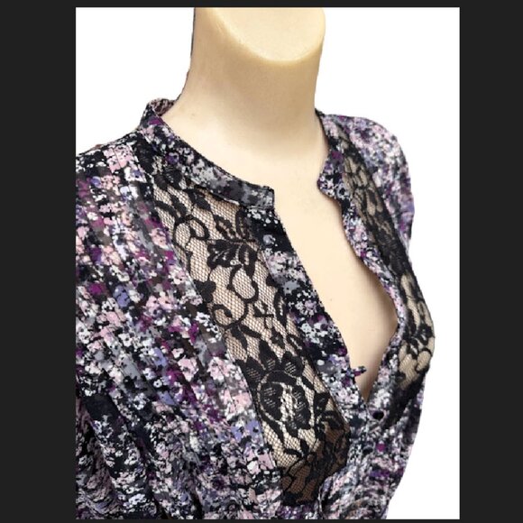 Ladies 'ELLE' Blouse S Purple Multi Floral Sheer V Neck Preowned - Picture 4 of 8
